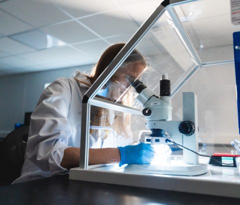 A woman looking into a telescope in a laboratory A woman looking into a telescope in a laboratory