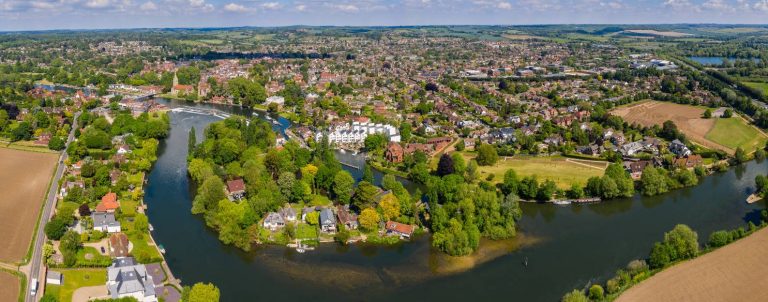 A birds eye view of Buckinghamshire showing the river, fields, trees and houses A birds eye view of Buckinghamshire showing the river, fields, trees and houses